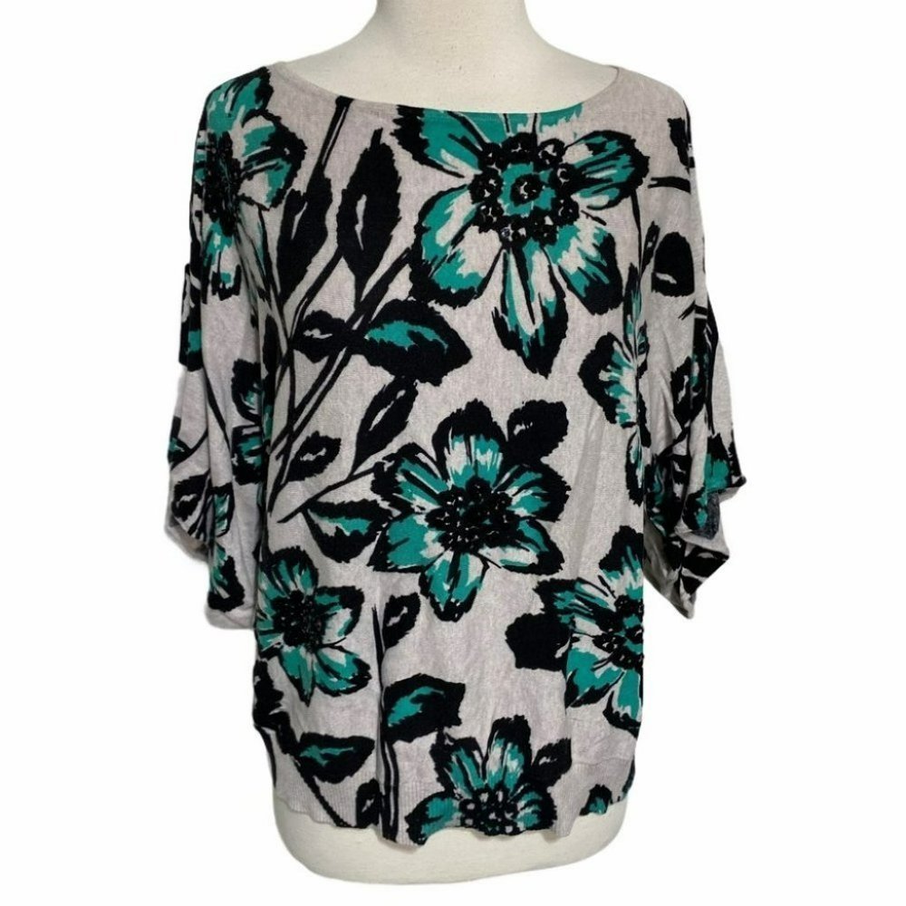 INC 1X green/black floral beaded Dolman sweater